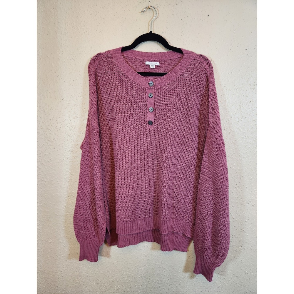 American Eagle Womens Medium Mauve Henley Sweater Waffle Knit Oversized Pullover